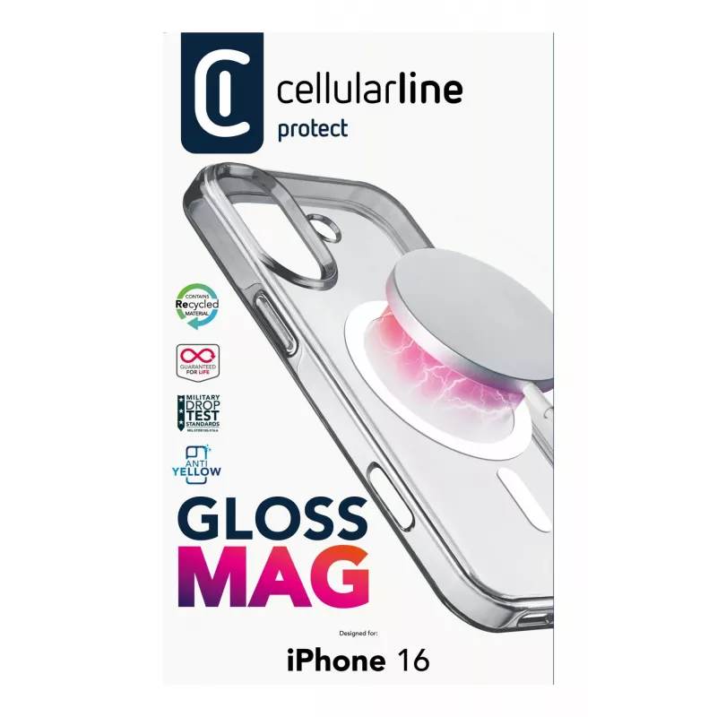 Cellularline Gloss Mag – Funda magnética para iPhone 16 para cargar y fijar al cargador MagSafe
