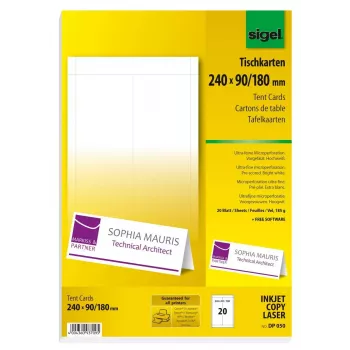 Sigel DP050 tarjetas de mesa, 240 x 90 mm, 185 g/m², blanco nuclear, 20 uds.