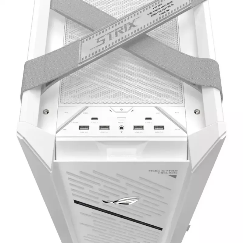 Caja para PC ASUS ROG Strix Helios II Midi Tower blanca — compatible con EATX/ATX/Micro-ATX/Mini-ITX, 3x140mm frontal + 1x140mm trasero, 2× bahías de 3,5 pulgadas + 4× de 2,5 pulgadas, cristal templado