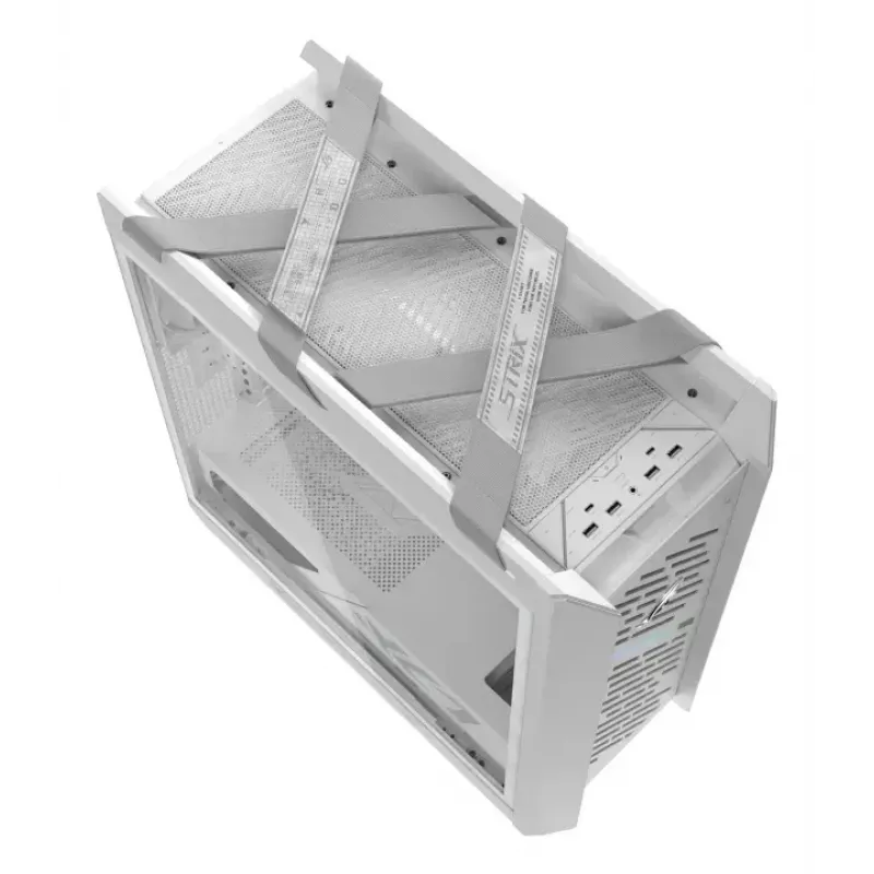 Caja para PC ASUS ROG Strix Helios II Midi Tower blanca — compatible con EATX/ATX/Micro-ATX/Mini-ITX, 3x140mm frontal + 1x140mm trasero, 2× bahías de 3,5 pulgadas + 4× de 2,5 pulgadas, cristal templado