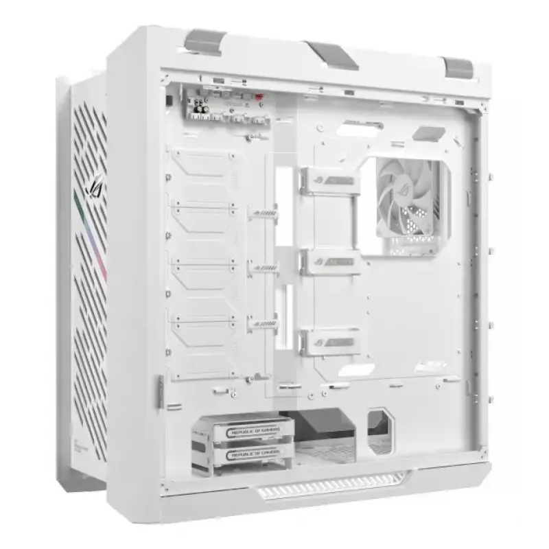 Caja para PC ASUS ROG Strix Helios II Midi Tower blanca — compatible con EATX/ATX/Micro-ATX/Mini-ITX, 3x140mm frontal + 1x140mm trasero, 2× bahías de 3,5 pulgadas + 4× de 2,5 pulgadas, cristal templado