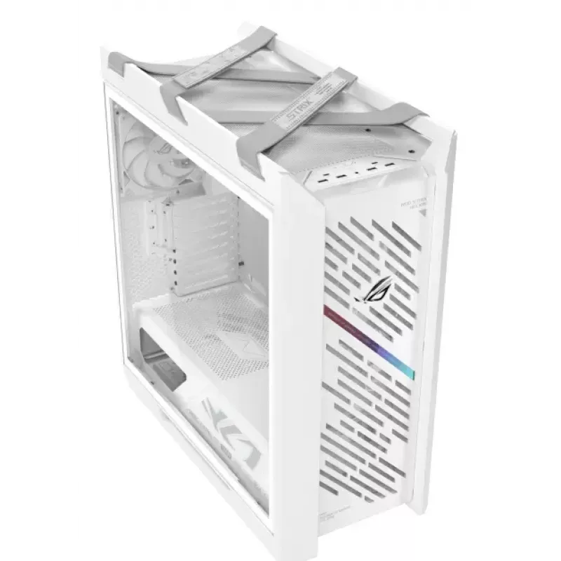 Caja para PC ASUS ROG Strix Helios II Midi Tower blanca — compatible con EATX/ATX/Micro-ATX/Mini-ITX, 3x140mm frontal + 1x140mm trasero, 2× bahías de 3,5 pulgadas + 4× de 2,5 pulgadas, cristal templado