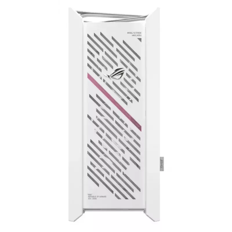 Caja para PC ASUS ROG Strix Helios II Midi Tower blanca — compatible con EATX/ATX/Micro-ATX/Mini-ITX, 3x140mm frontal + 1x140mm trasero, 2× bahías de 3,5 pulgadas + 4× de 2,5 pulgadas, cristal templado