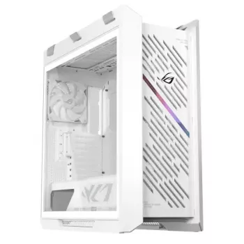 Caja para PC ASUS ROG Strix Helios II Midi Tower blanca — compatible con EATX/ATX/Micro-ATX/Mini-ITX, 3x140mm frontal + 1x140mm trasero, 2× bahías de 3,5 pulgadas + 4× de 2,5 pulgadas, cristal templado