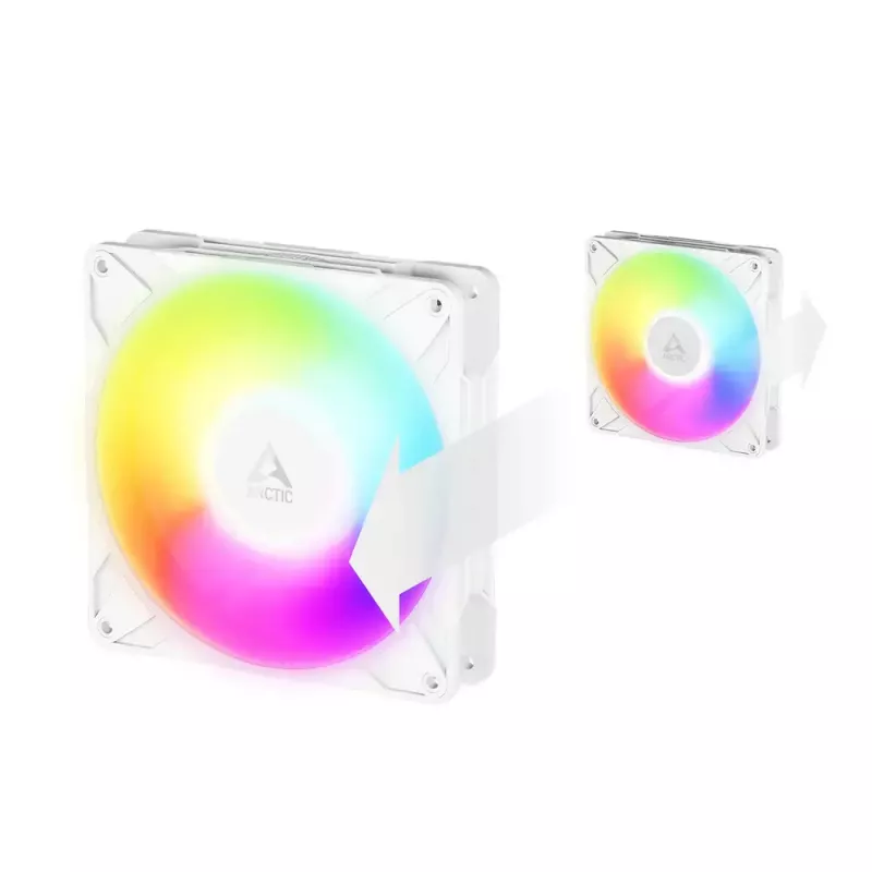 Ventilador de 140 mm Arctic Freezer P14 Pro Reverse A-RGB (blanco) — 166,5 m³/h, 5.1 mmH₂O, FDB, PWM, cable divisor