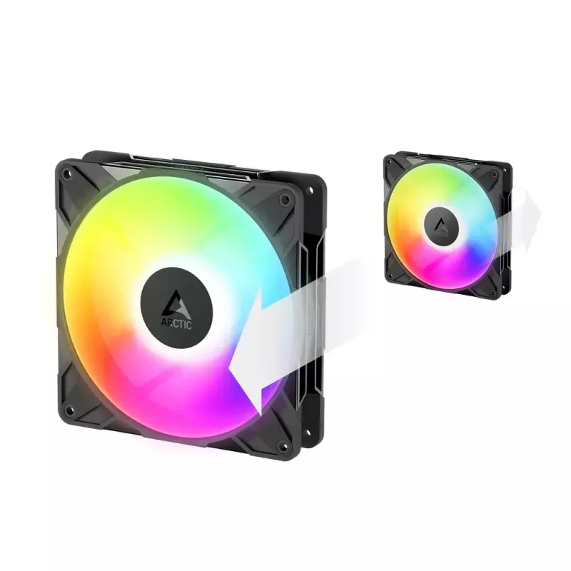 Ventilador de carcasa 140 mm Arctic Freezer P14 Pro Reverse A-RGB — PWM, 140 mm, 166,5 m³/h, 5,1 mmH2O, FDB, negro