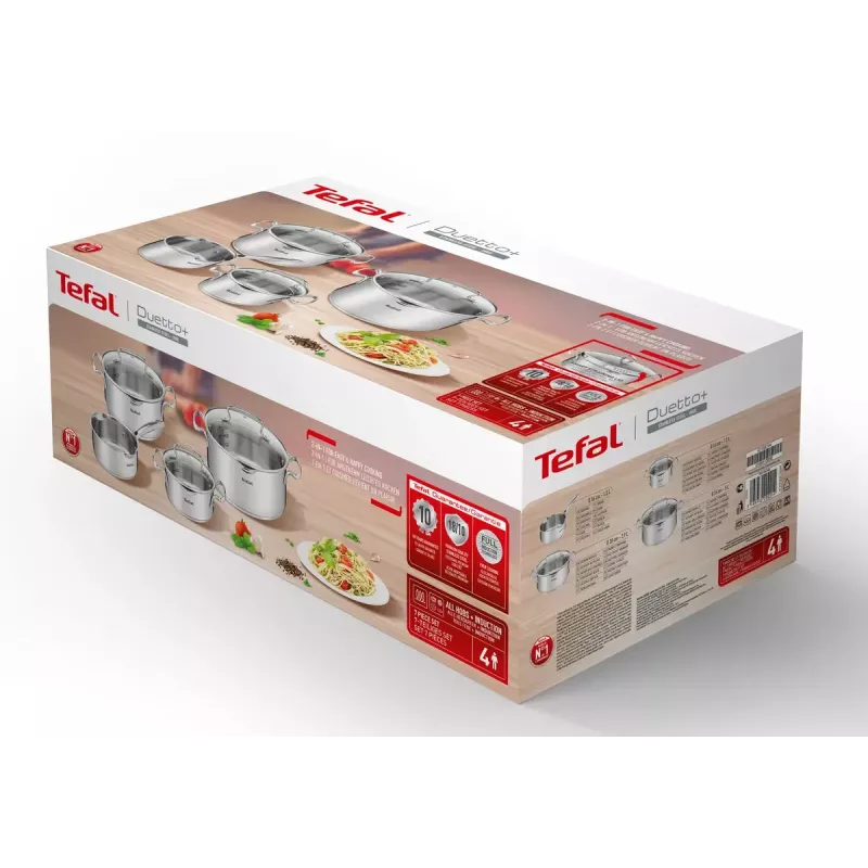 Set de ollas Tefal Duetto+ G719S7, acero inoxidable, 7 piezas (cacerolas con mango Ø16/20/24 cm, olla baja Ø16 cm), inducción, tapas, apto para horno hasta 250°C