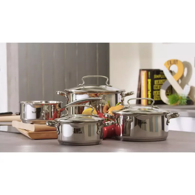 Set de ollas Tefal Duetto+ G719S7, acero inoxidable, 7 piezas (cacerolas con mango Ø16/20/24 cm, olla baja Ø16 cm), inducción, tapas, apto para horno hasta 250°C