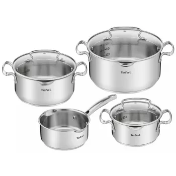 Set de ollas Tefal Duetto+ G719S7, acero inoxidable, 7 piezas (cacerolas con mango Ø16/20/24 cm, olla baja Ø16 cm), inducción, tapas, apto para horno hasta 250°C