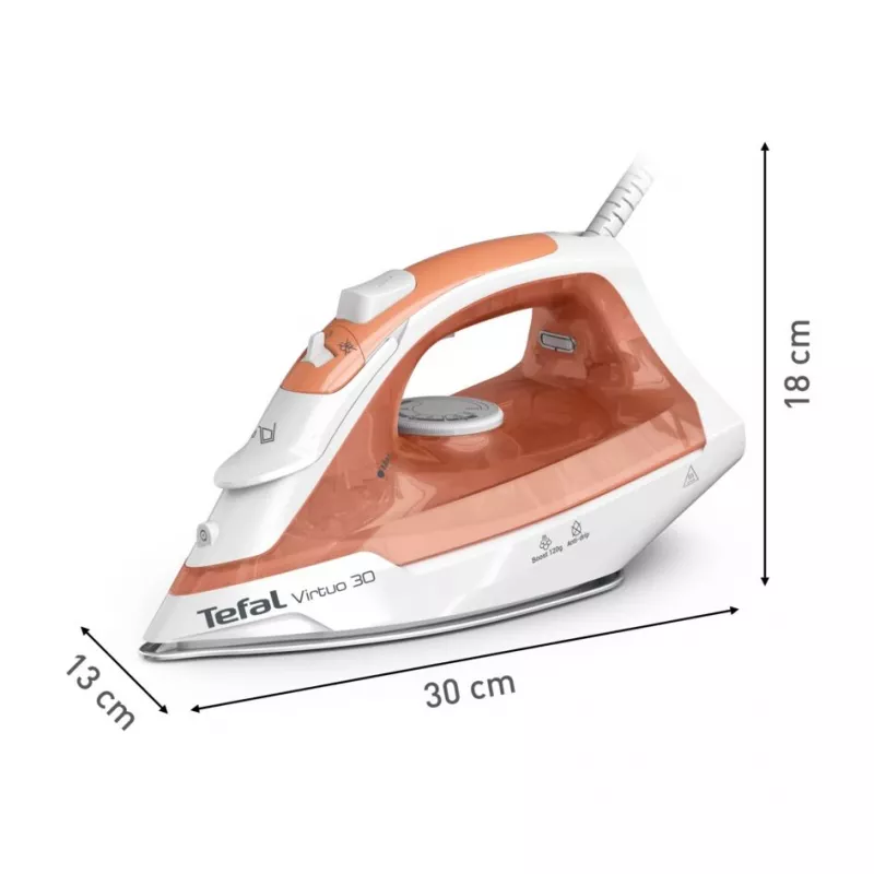 Tefal Virtuo 30 FV2C40E0 Plancha de ropa en seco y vapor, suela cerámica, 2000 W, melocotón, blanco