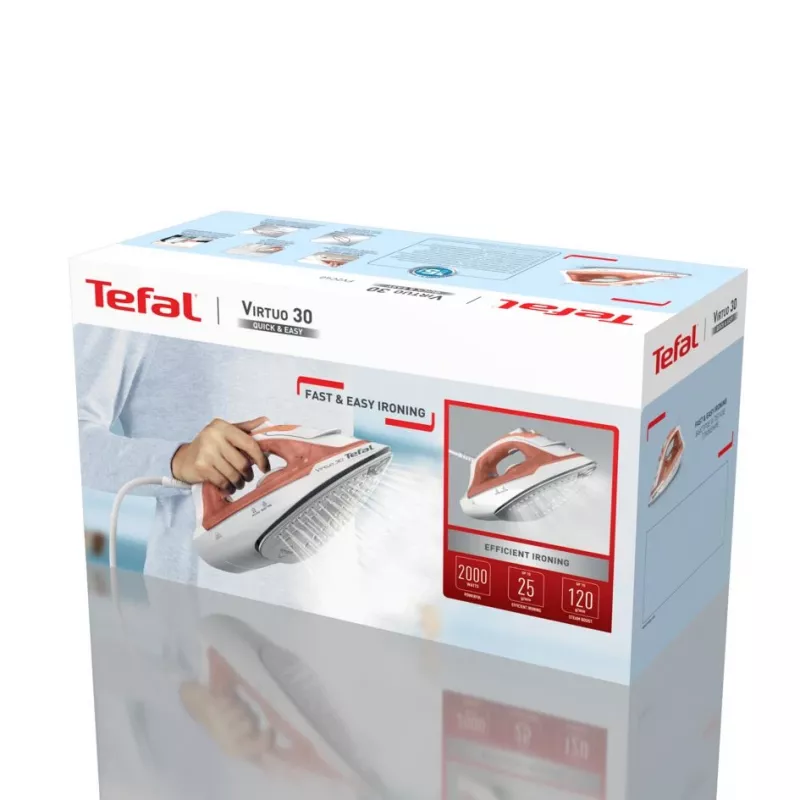 Tefal Virtuo 30 FV2C40E0 Plancha de ropa en seco y vapor, suela cerámica, 2000 W, melocotón, blanco