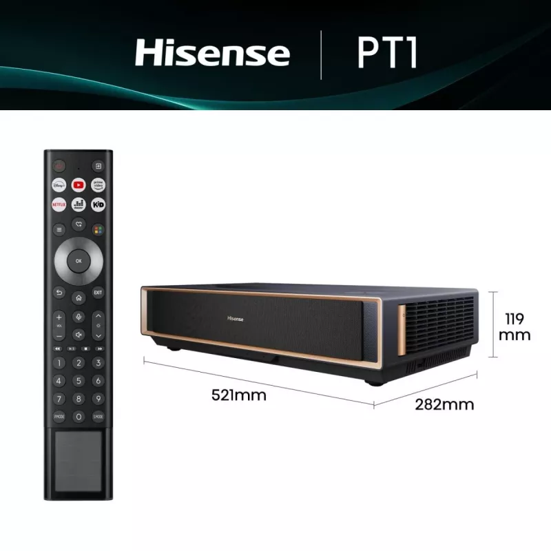 Proyector HISENSE PT1 3D Smart TV, nativo 16:9, Wi‑Fi y Ethernet, HDR (HLG), HDMI 2.0/2.1, negro