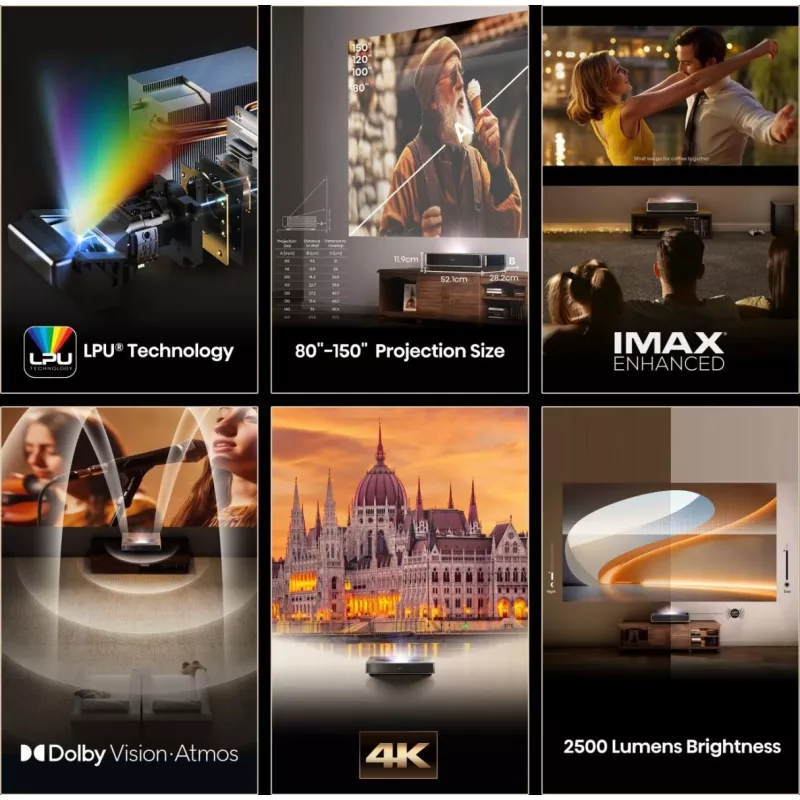 Proyector HISENSE PT1 3D Smart TV, nativo 16:9, Wi‑Fi y Ethernet, HDR (HLG), HDMI 2.0/2.1, negro