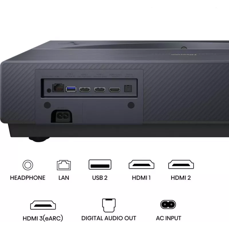 Proyector HISENSE PT1 3D Smart TV, nativo 16:9, Wi‑Fi y Ethernet, HDR (HLG), HDMI 2.0/2.1, negro