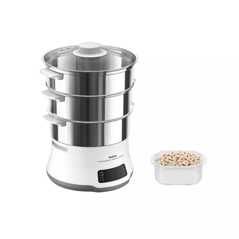Tefal Convenient Series Deluxe VC502D Vaporera 3 cestas Encimera 900 W Acero inoxidable, blanco