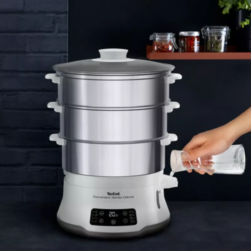Tefal Convenient Series Deluxe VC502D Vaporera 3 cestas Encimera 900 W Acero inoxidable, blanco