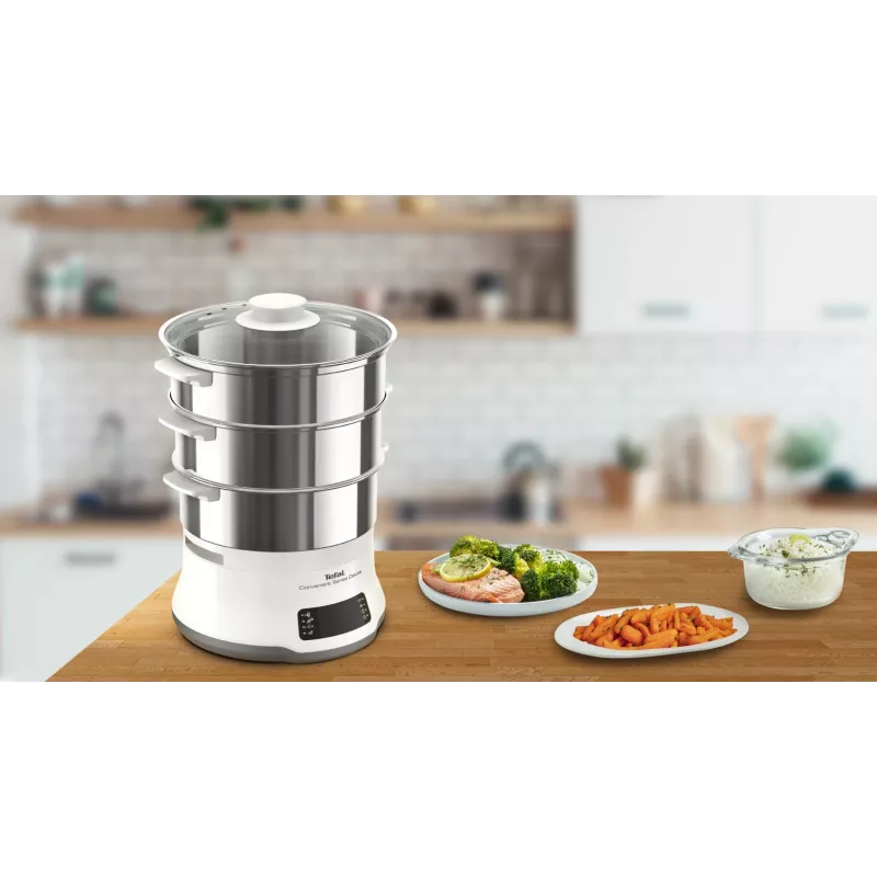 Tefal Convenient Series Deluxe VC502D Vaporera 3 cestas Encimera 900 W Acero inoxidable, blanco