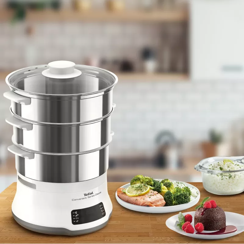 Tefal Convenient Series Deluxe VC502D Vaporera 3 cestas Encimera 900 W Acero inoxidable, blanco