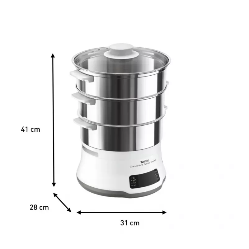 Tefal Convenient Series Deluxe VC502D Vaporera 3 cestas Encimera 900 W Acero inoxidable, blanco
