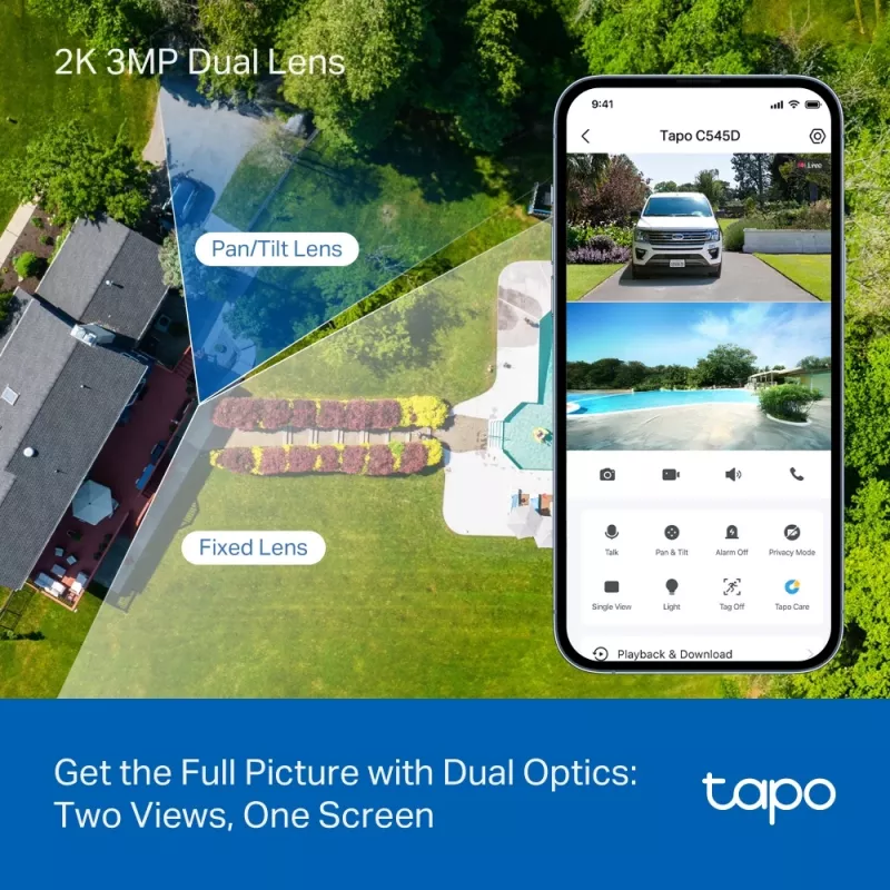 TP-Link Tapo Cámara de seguridad exterior de doble lente con giro/inclinación, Cámara de seguridad IP, Exterior, Cableado e Inalámbrico, Montaje en techo/pared/mástil, Blanco, Esférico