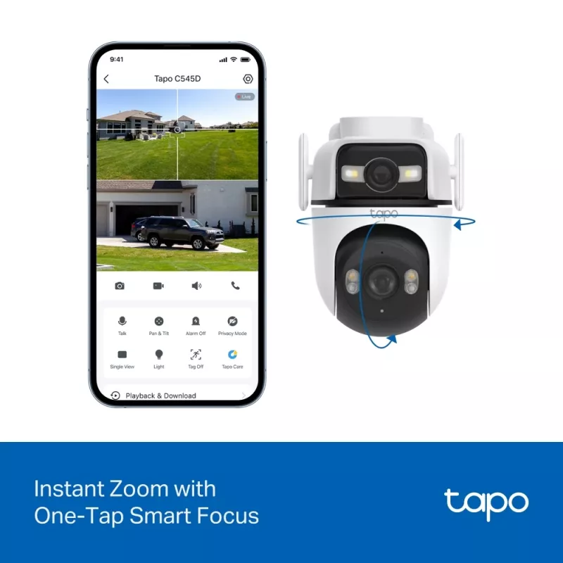 TP-Link Tapo Cámara de seguridad exterior de doble lente con giro/inclinación, Cámara de seguridad IP, Exterior, Cableado e Inalámbrico, Montaje en techo/pared/mástil, Blanco, Esférico
