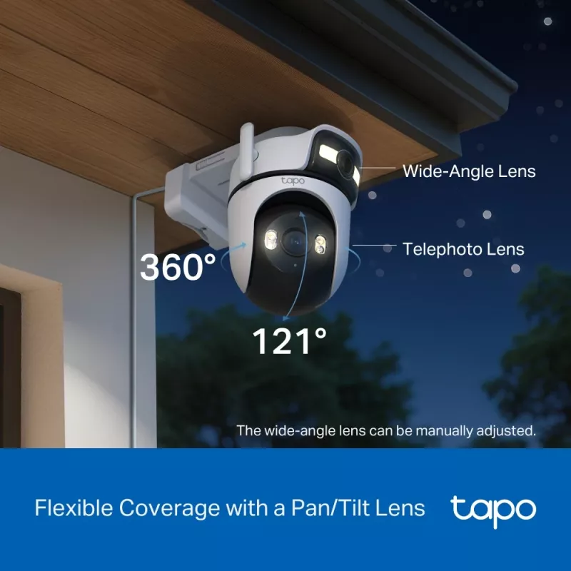 TP-Link Tapo Cámara de seguridad exterior de doble lente con giro/inclinación, Cámara de seguridad IP, Exterior, Cableado e Inalámbrico, Montaje en techo/pared/mástil, Blanco, Esférico