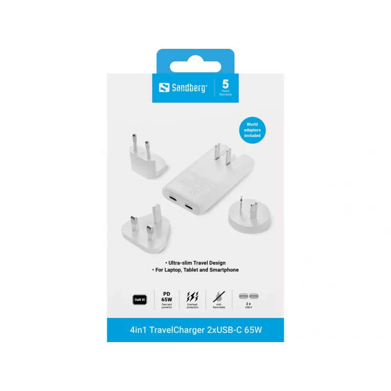 Sandberg 4in1 TravelCharger 65W blanco, interior, AC, 20 V, blanco