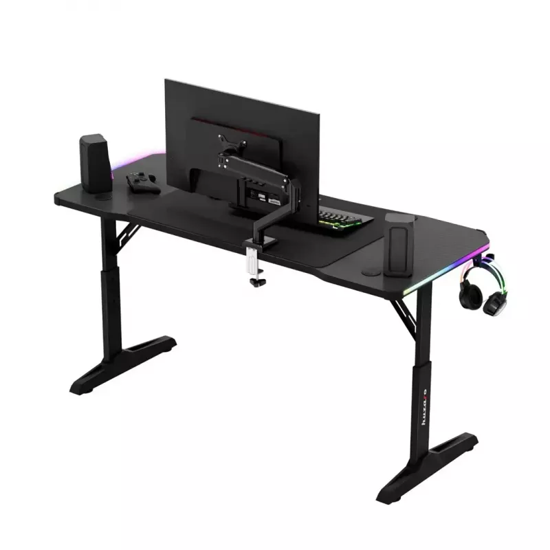Escritorio gaming de altura ajustable huzaro Hero 3.6 RGB negro — 1400×600 mm, altura 560–790 mm, iluminación RGB, patas en H