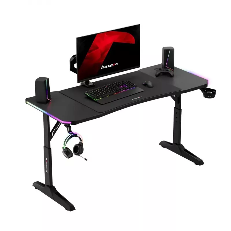 Escritorio gaming de altura ajustable huzaro Hero 3.6 RGB negro — 1400×600 mm, altura 560–790 mm, iluminación RGB, patas en H