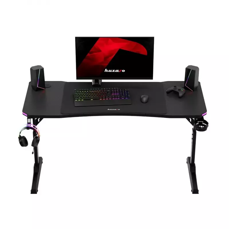 Escritorio gaming de altura ajustable huzaro Hero 3.6 RGB negro — 1400×600 mm, altura 560–790 mm, iluminación RGB, patas en H
