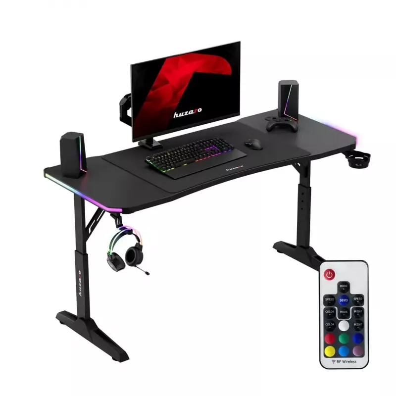 Escritorio gaming de altura ajustable huzaro Hero 3.6 RGB negro — 1400×600 mm, altura 560–790 mm, iluminación RGB, patas en H