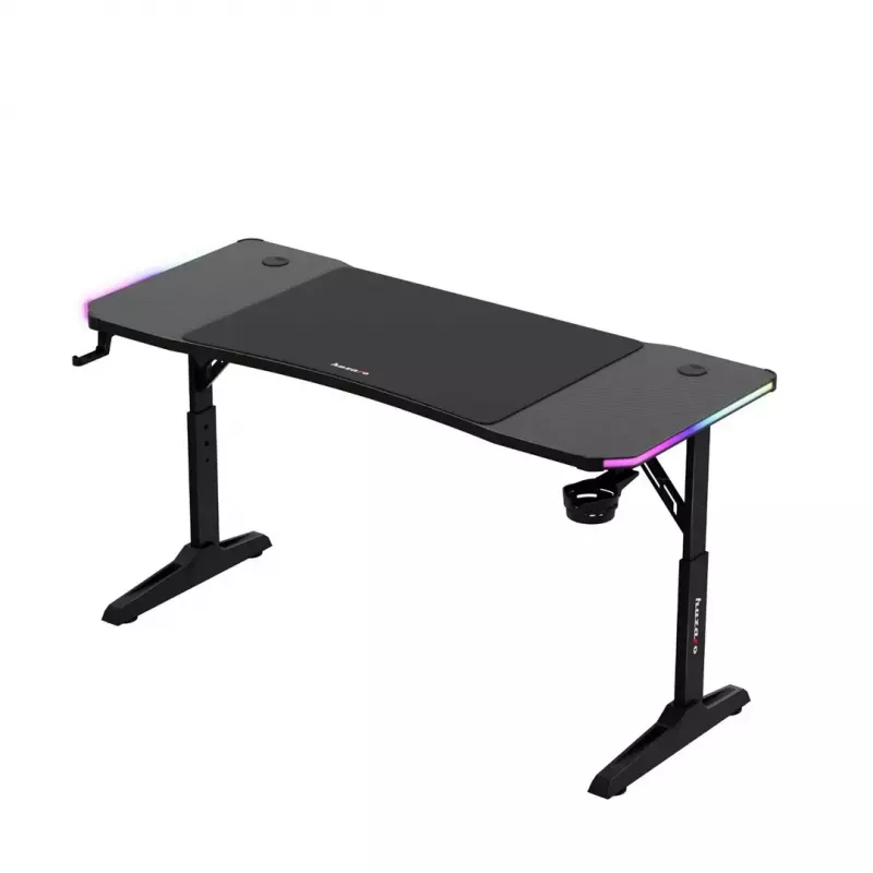 Escritorio gaming de altura ajustable huzaro Hero 3.6 RGB negro — 1400×600 mm, altura 560–790 mm, iluminación RGB, patas en H