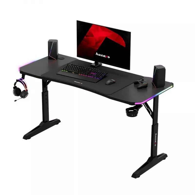 Escritorio gaming de altura ajustable huzaro Hero 3.6 RGB negro — 1400×600 mm, altura 560–790 mm, iluminación RGB, patas en H