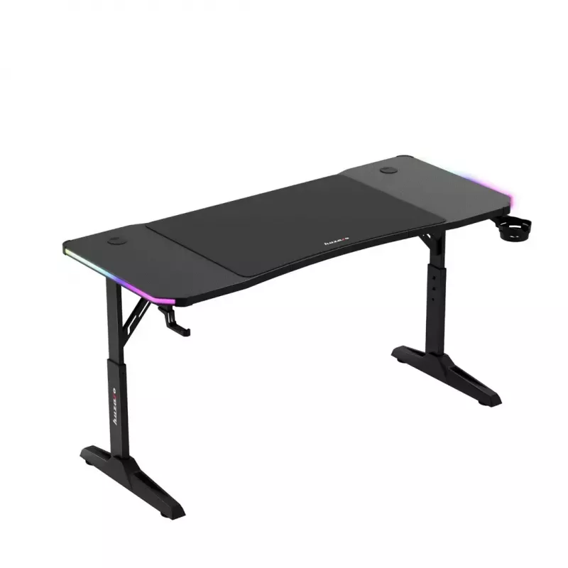 Escritorio gaming de altura ajustable huzaro Hero 3.6 RGB negro — 1400×600 mm, altura 560–790 mm, iluminación RGB, patas en H
