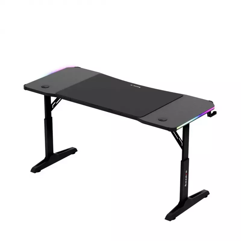 Escritorio gaming de altura ajustable huzaro Hero 3.6 RGB negro — 1400×600 mm, altura 560–790 mm, iluminación RGB, patas en H