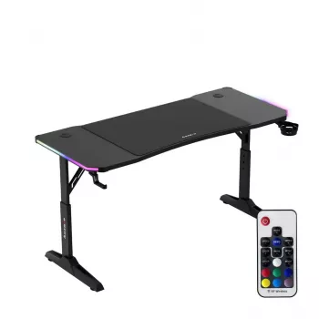 Escritorio gaming de altura ajustable huzaro Hero 3.6 RGB negro — 1400×600 mm, altura 560–790 mm, iluminación RGB, patas en H