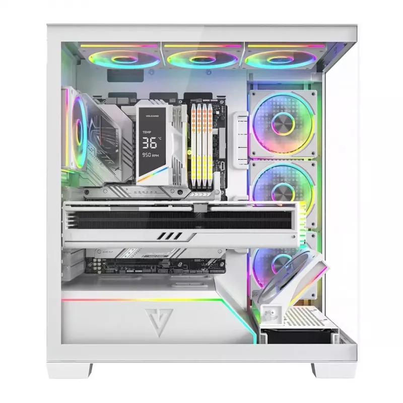 Caja de PC MODECOM VOLCANO STELLAR PLUS ARGB MIDI 8F BLANCO — torre media, ATX, cristal templado, iluminación ARGB, 8 ventiladores, GPU hasta 42 cm