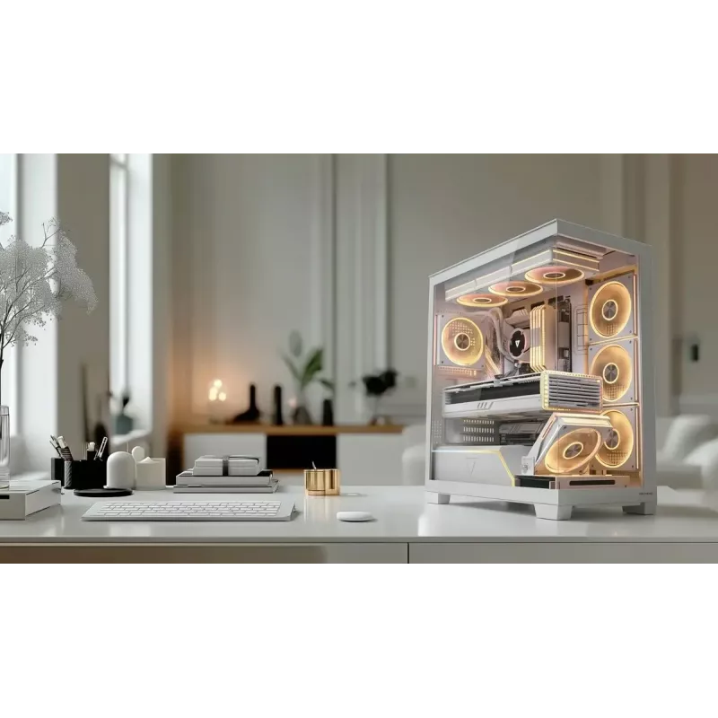 Caja de PC MODECOM VOLCANO STELLAR PLUS ARGB MIDI 8F BLANCO — torre media, ATX, cristal templado, iluminación ARGB, 8 ventiladores, GPU hasta 42 cm