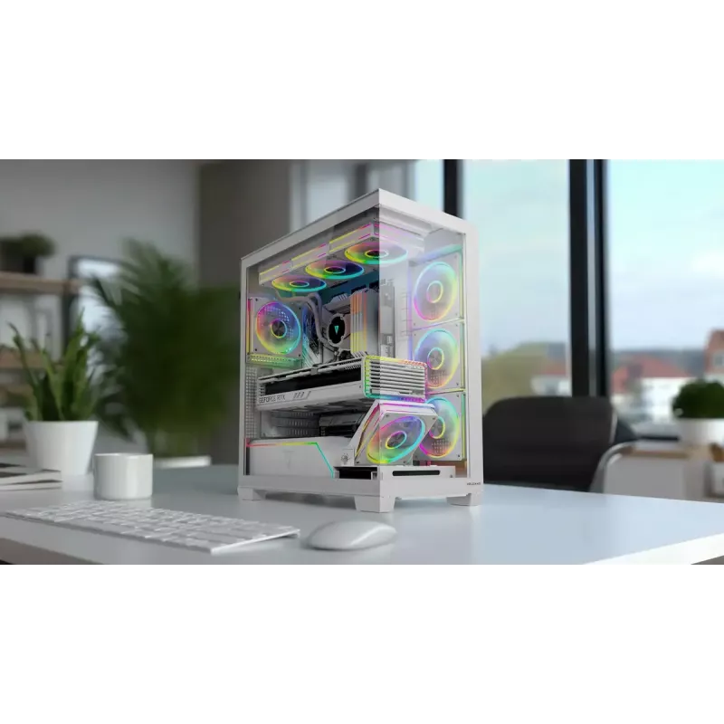 Caja de PC MODECOM VOLCANO STELLAR PLUS MIDI BLANCO — torre media, microATX, cristal templado, USB-C, compatible con GPU de 420 mm