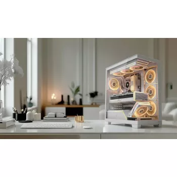Caja de PC MODECOM VOLCANO STELLAR PLUS MIDI BLANCO — torre media, microATX, cristal templado, USB-C, compatible con GPU de 420 mm