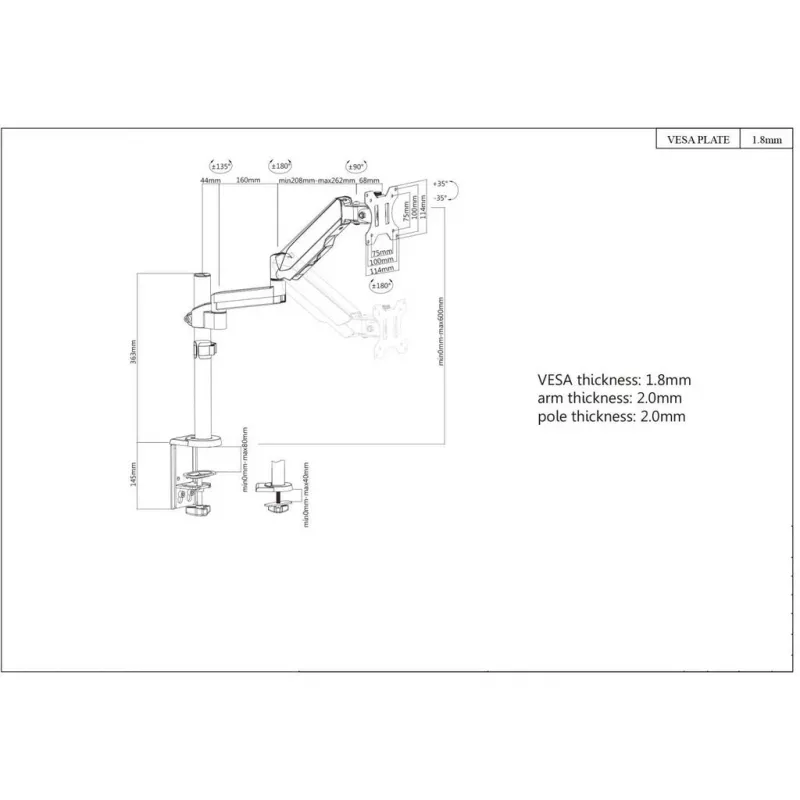 Soporte de mesa Manhattan para TV y monitores (Full-Motion con pistón de gas), para pantallas de 13 inch a 27 inch, montaje por pinza o pasacables, compatibilidad VESA: 75x75 mm y 100x100 mm — comprueba las dimensiones de los cuatro orificios de montaje en la parte posterior de la pantalla para asegurarte de que encajan, máx. 8 kg, soporte