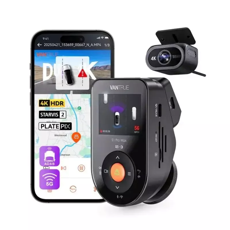 Dashcam para coche VANTRUE S1PRO MAX — grabador compacto de 2 canales, 3840×2160 F/1.8, objetivo principal de 155°, Wi‑Fi, GPS, pantalla de 2 pulgadas, modo aparcamiento, microSD hasta 1 TB