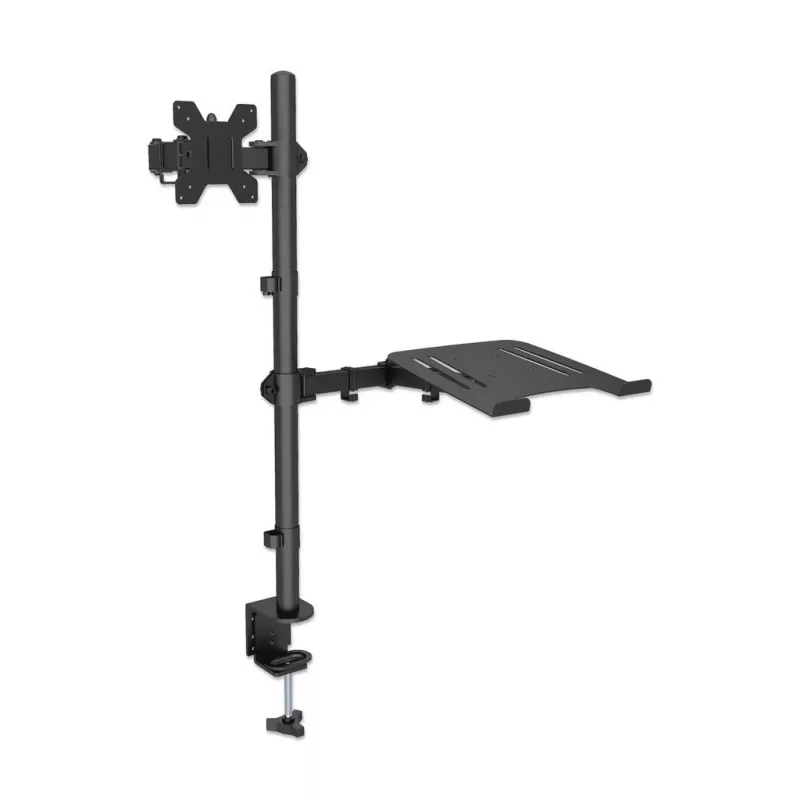 Soporte de escritorio Manhattan para combinación de monitor y portátil (Full-Motion), para pantallas: 10-27 inch, portátil hasta 17 inch, montaje por abrazadera, compatibilidad VESA: 75x75 y 100x100 mm – comprueba las dimensiones de los cuatro orificios de montaje en la parte posterior de la pantalla para asegurarte de que encajan, máx. 8 kg, soporte