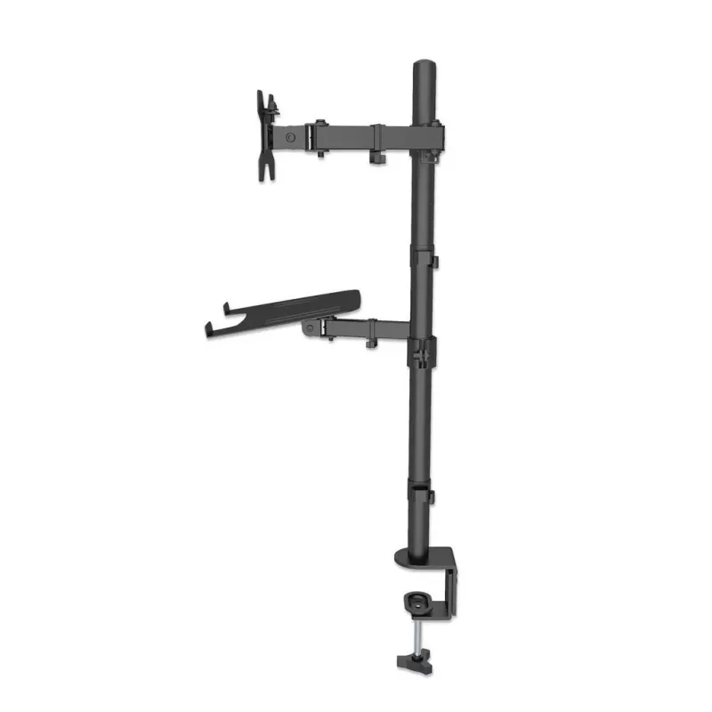 Soporte de escritorio Manhattan para combinación de monitor y portátil (Full-Motion), para pantallas: 10-27 inch, portátil hasta 17 inch, montaje por abrazadera, compatibilidad VESA: 75x75 y 100x100 mm – comprueba las dimensiones de los cuatro orificios de montaje en la parte posterior de la pantalla para asegurarte de que encajan, máx. 8 kg, soporte
