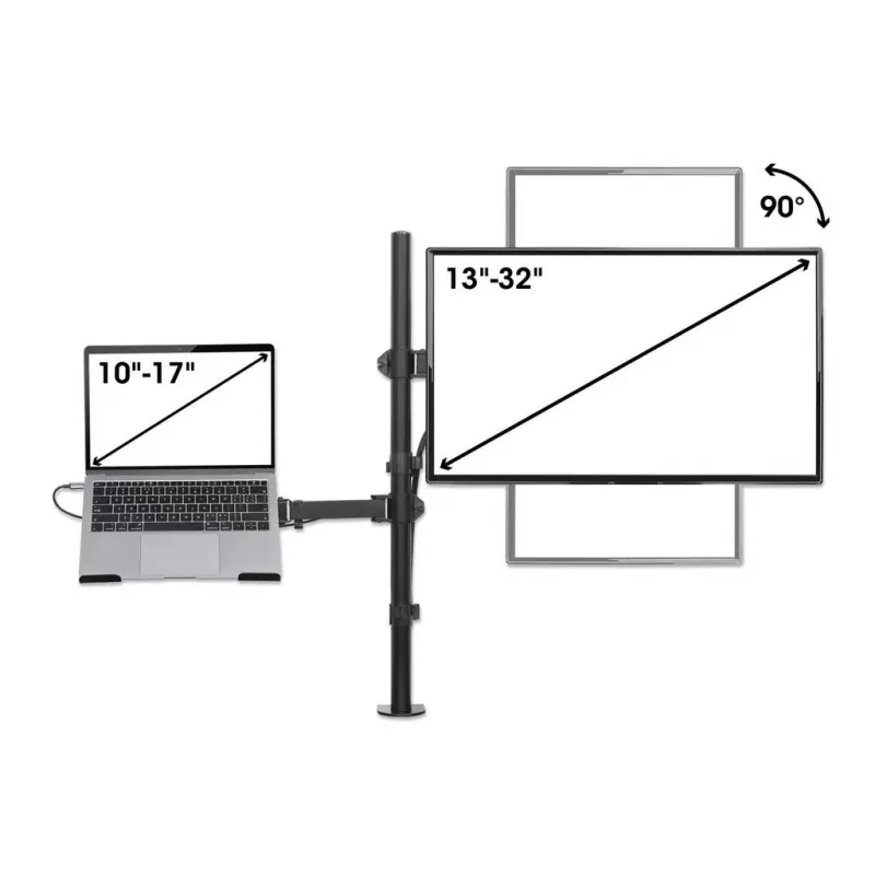 Soporte de escritorio Manhattan para combinación de monitor y portátil (Full-Motion), para pantallas: 10-27 inch, portátil hasta 17 inch, montaje por abrazadera, compatibilidad VESA: 75x75 y 100x100 mm – comprueba las dimensiones de los cuatro orificios de montaje en la parte posterior de la pantalla para asegurarte de que encajan, máx. 8 kg, soporte