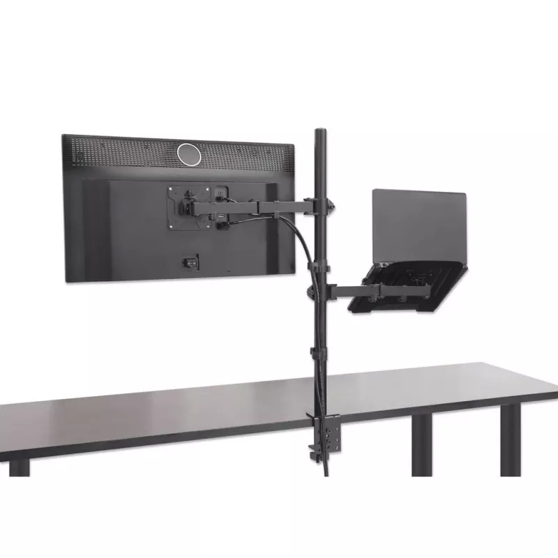 Soporte de escritorio Manhattan para combinación de monitor y portátil (Full-Motion), para pantallas: 10-27 inch, portátil hasta 17 inch, montaje por abrazadera, compatibilidad VESA: 75x75 y 100x100 mm – comprueba las dimensiones de los cuatro orificios de montaje en la parte posterior de la pantalla para asegurarte de que encajan, máx. 8 kg, soporte