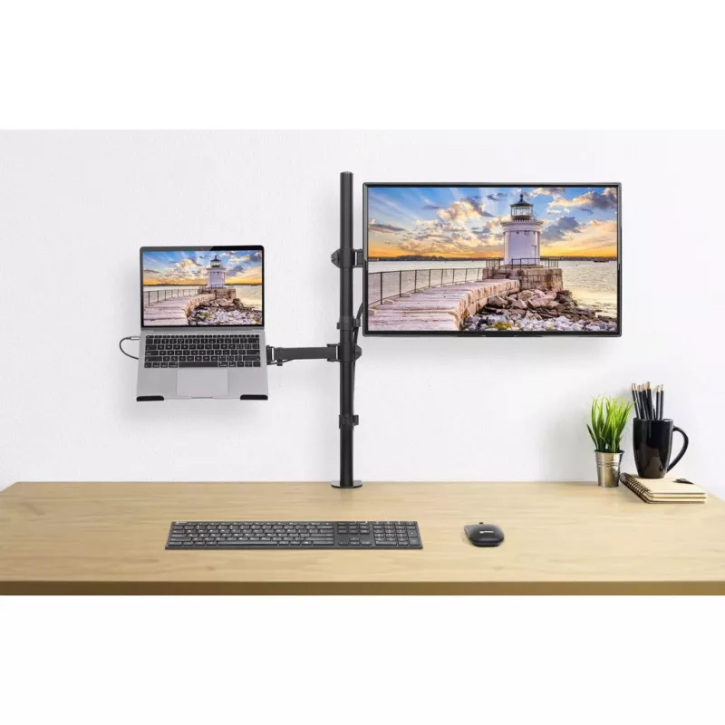 Soporte de escritorio Manhattan para combinación de monitor y portátil (Full-Motion), para pantallas: 10-27 inch, portátil hasta 17 inch, montaje por abrazadera, compatibilidad VESA: 75x75 y 100x100 mm – comprueba las dimensiones de los cuatro orificios de montaje en la parte posterior de la pantalla para asegurarte de que encajan, máx. 8 kg, soporte