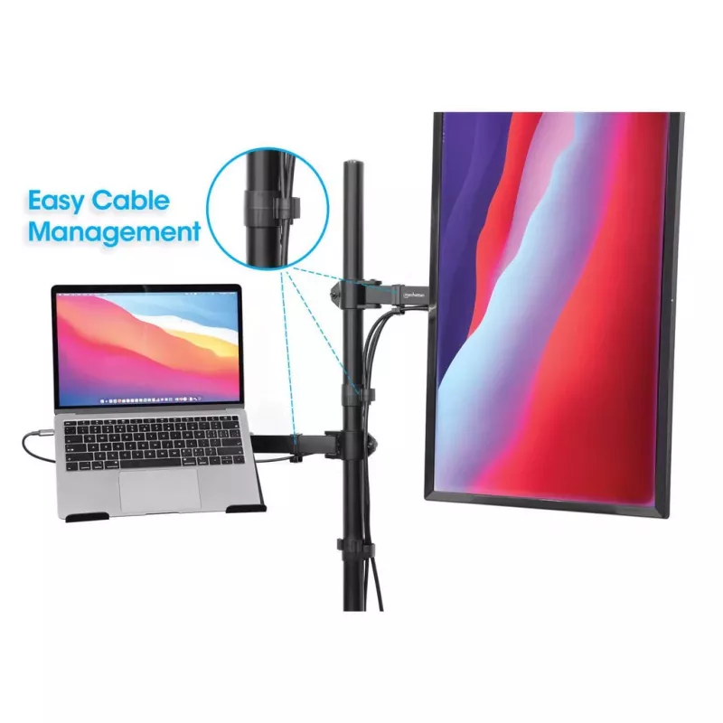 Soporte de escritorio Manhattan para combinación de monitor y portátil (Full-Motion), para pantallas: 10-27 inch, portátil hasta 17 inch, montaje por abrazadera, compatibilidad VESA: 75x75 y 100x100 mm – comprueba las dimensiones de los cuatro orificios de montaje en la parte posterior de la pantalla para asegurarte de que encajan, máx. 8 kg, soporte