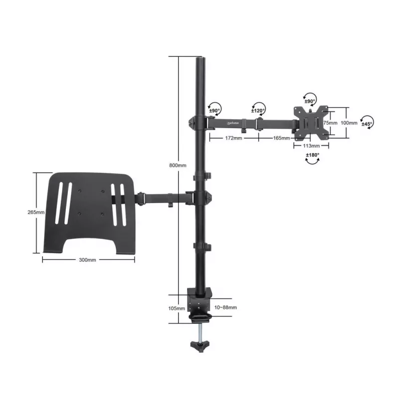 Soporte de escritorio Manhattan para combinación de monitor y portátil (Full-Motion), para pantallas: 10-27 inch, portátil hasta 17 inch, montaje por abrazadera, compatibilidad VESA: 75x75 y 100x100 mm – comprueba las dimensiones de los cuatro orificios de montaje en la parte posterior de la pantalla para asegurarte de que encajan, máx. 8 kg, soporte