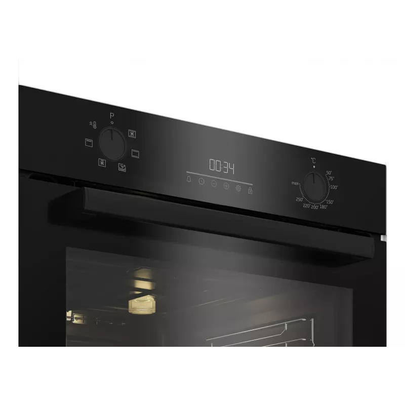Horno eléctrico empotrable BEKO BBIE123001BD — 72 L, 2400 W, indicador LED, mandos escamoteables, autolimpieza por vapor, negro